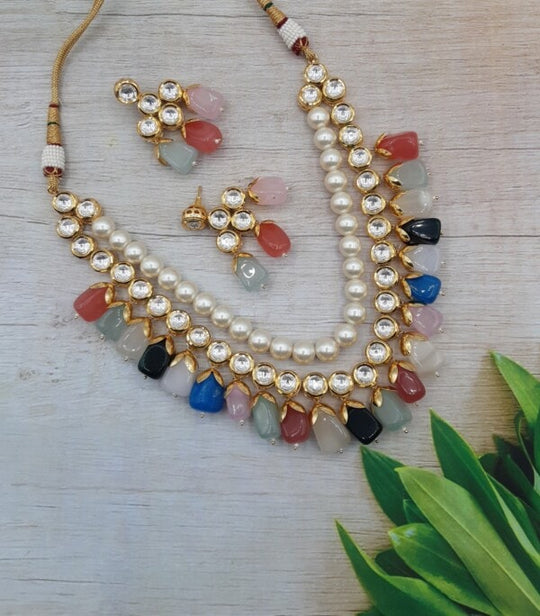 Pearls & Stones Multicoloured Kundan Jewellery Set