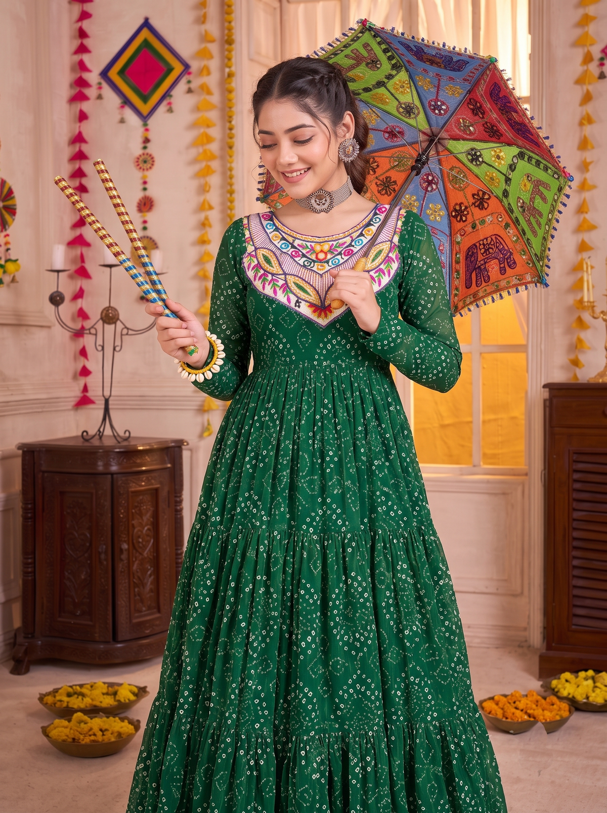 Green Georgette Gown with Mirror & Thread Work