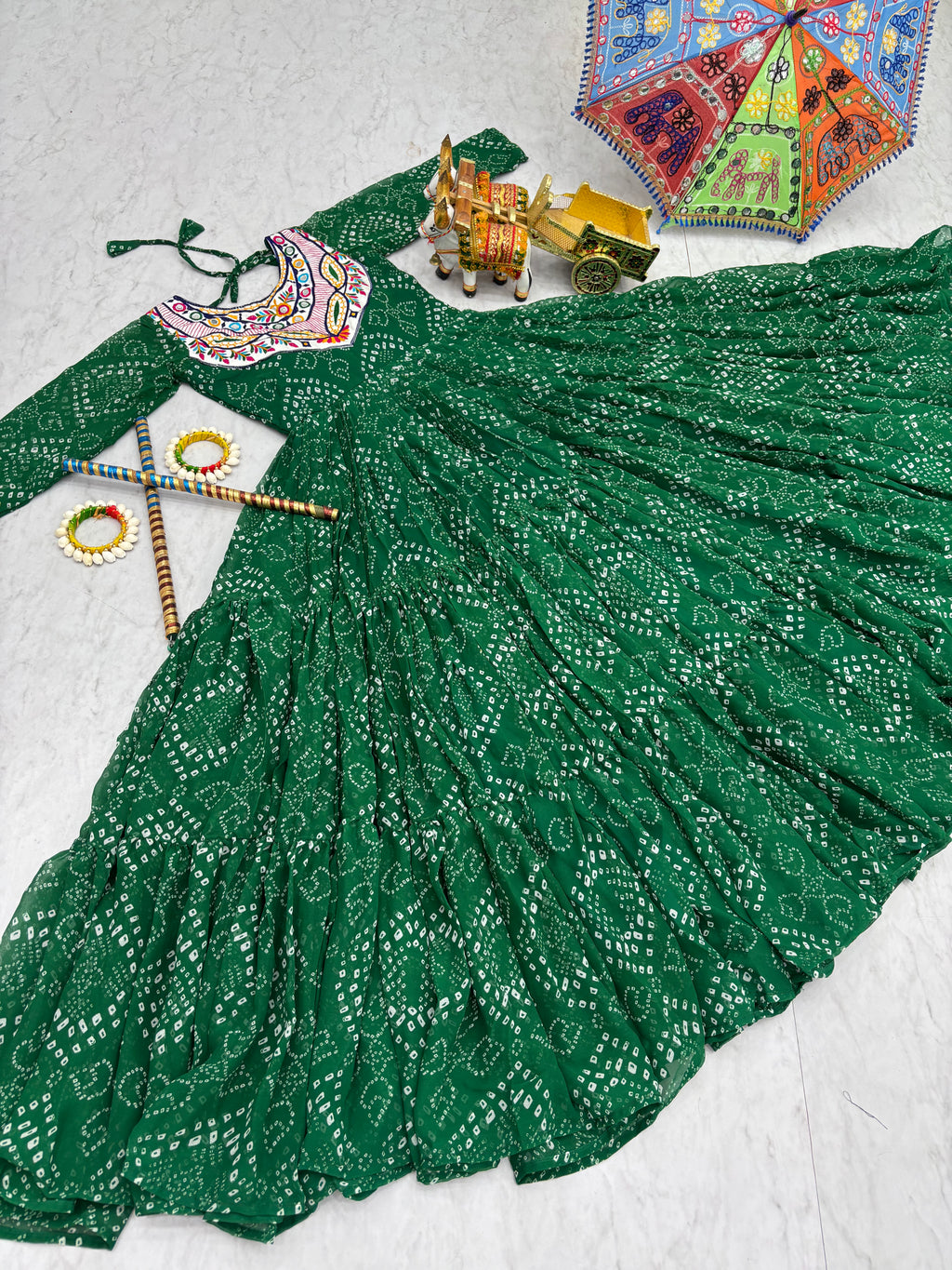 Green Georgette Gown with Mirror & Thread Work