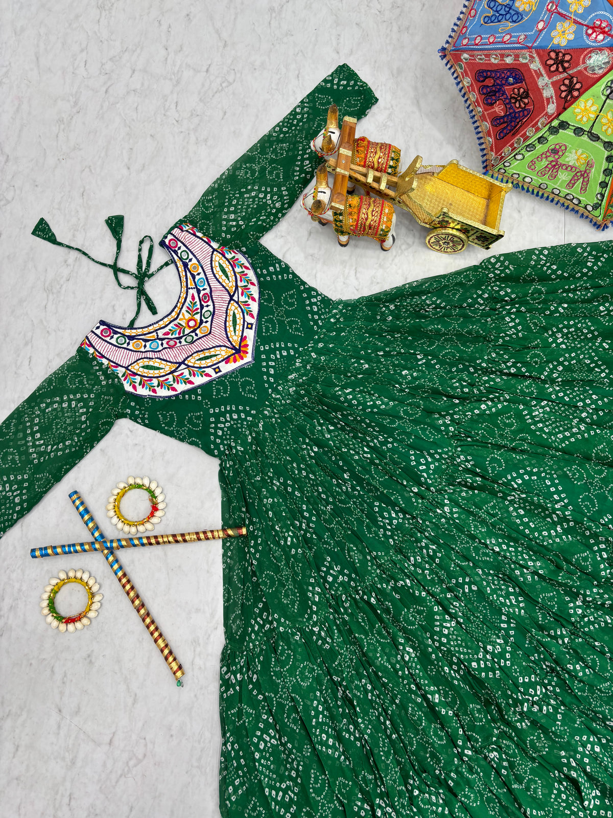 Green Georgette Gown with Mirror & Thread Work