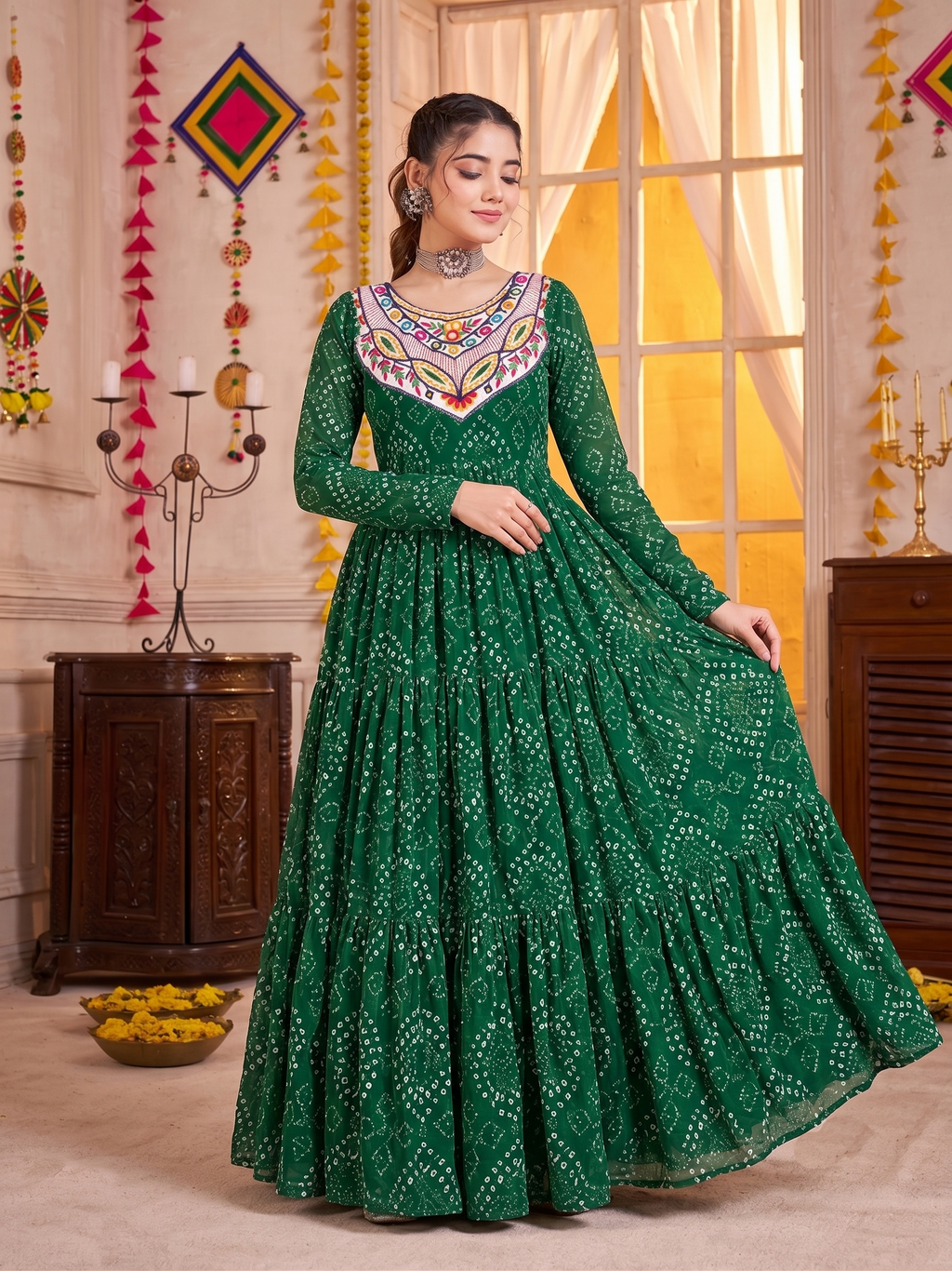 Green Georgette Gown with Mirror & Thread Work