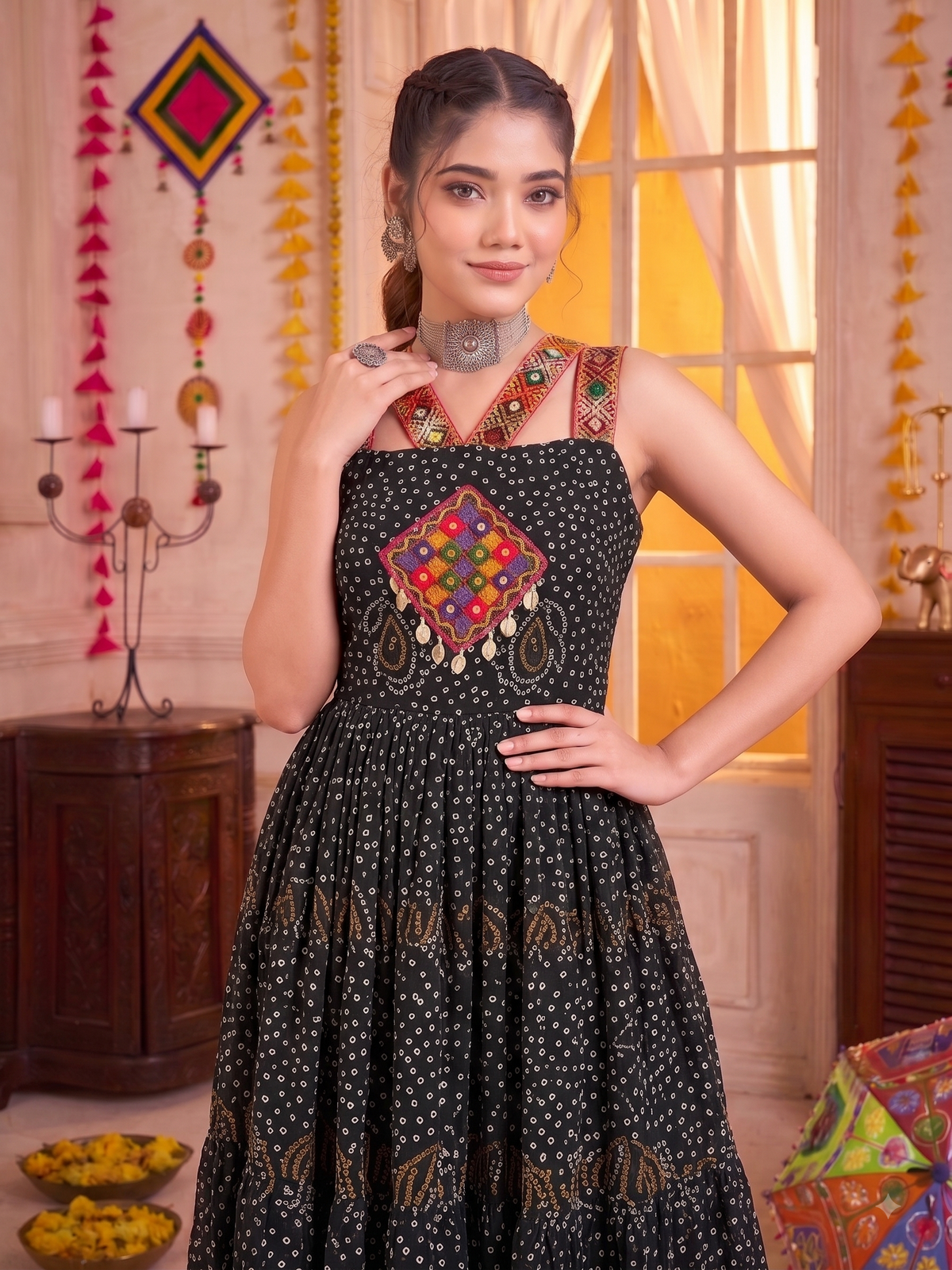 Black Georgette Bandhani Gown with Gamathi Mirror Work & Codi Lace