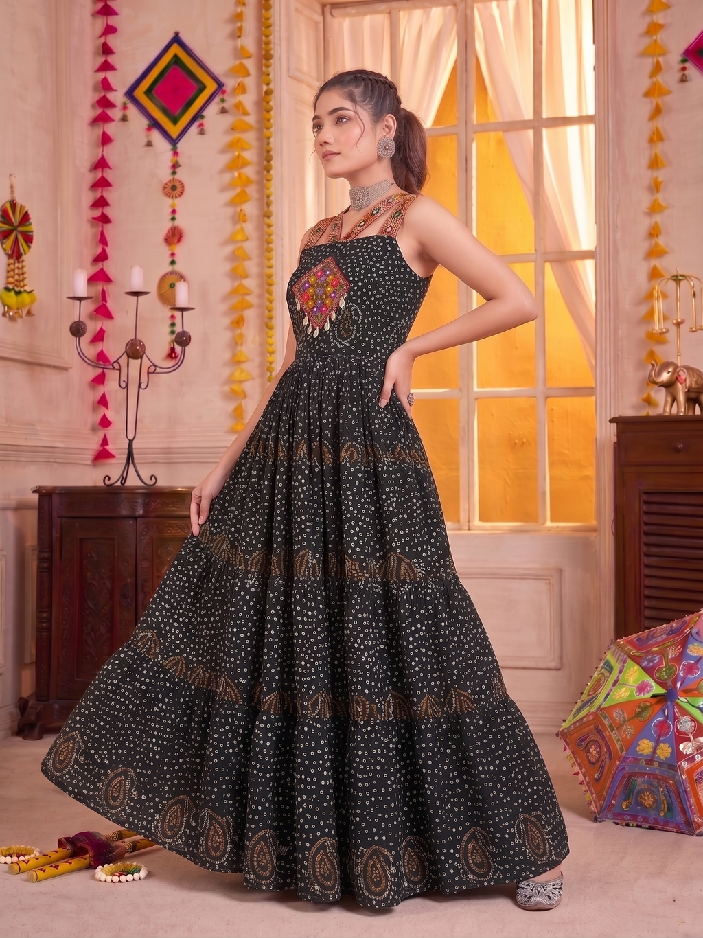 Black Georgette Bandhani Gown with Gamathi Mirror Work & Codi Lace