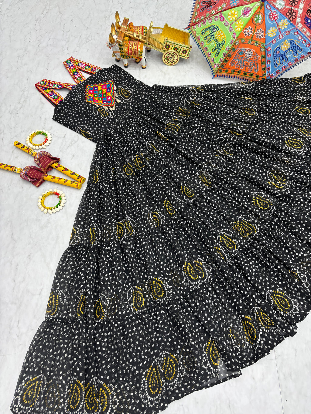 Black Georgette Bandhani Gown with Gamathi Mirror Work & Codi Lace
