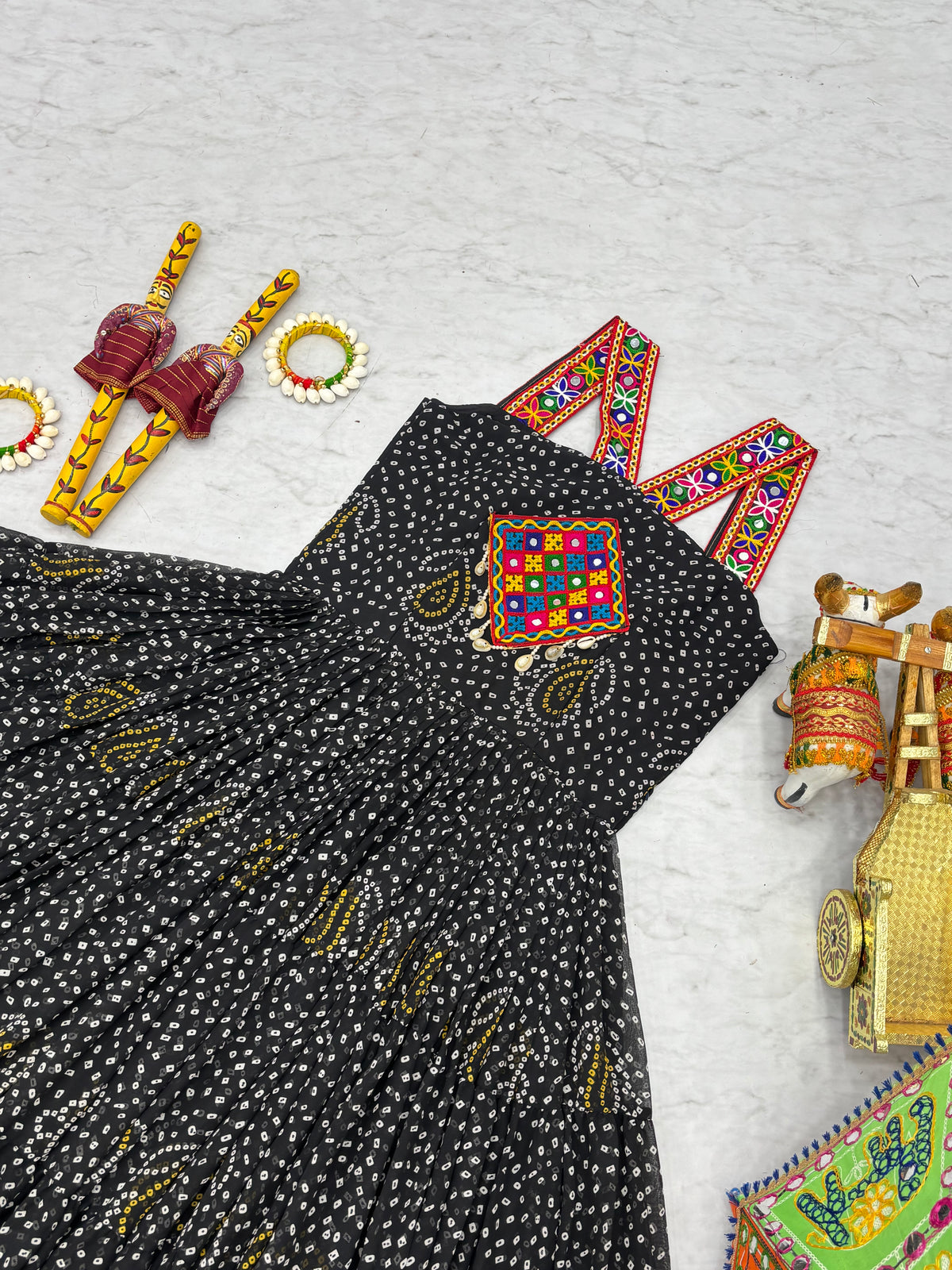 Black Georgette Bandhani Gown with Gamathi Mirror Work & Codi Lace