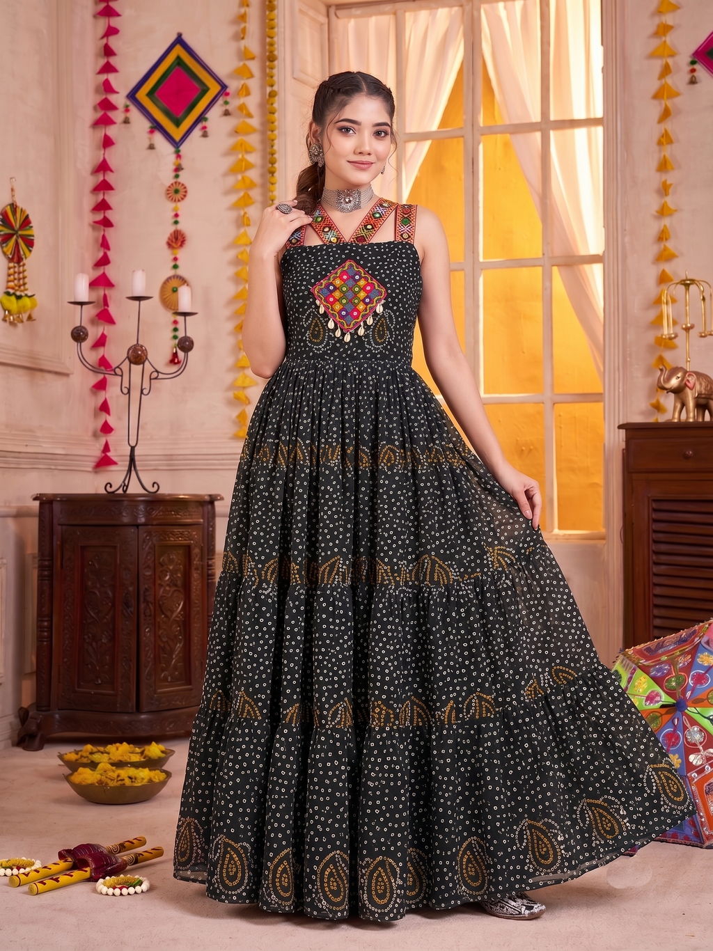 Black Georgette Bandhani Gown with Gamathi Mirror Work & Codi Lace