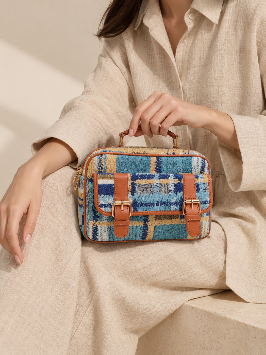 Blue Briefcase Jacquard Hand Bag