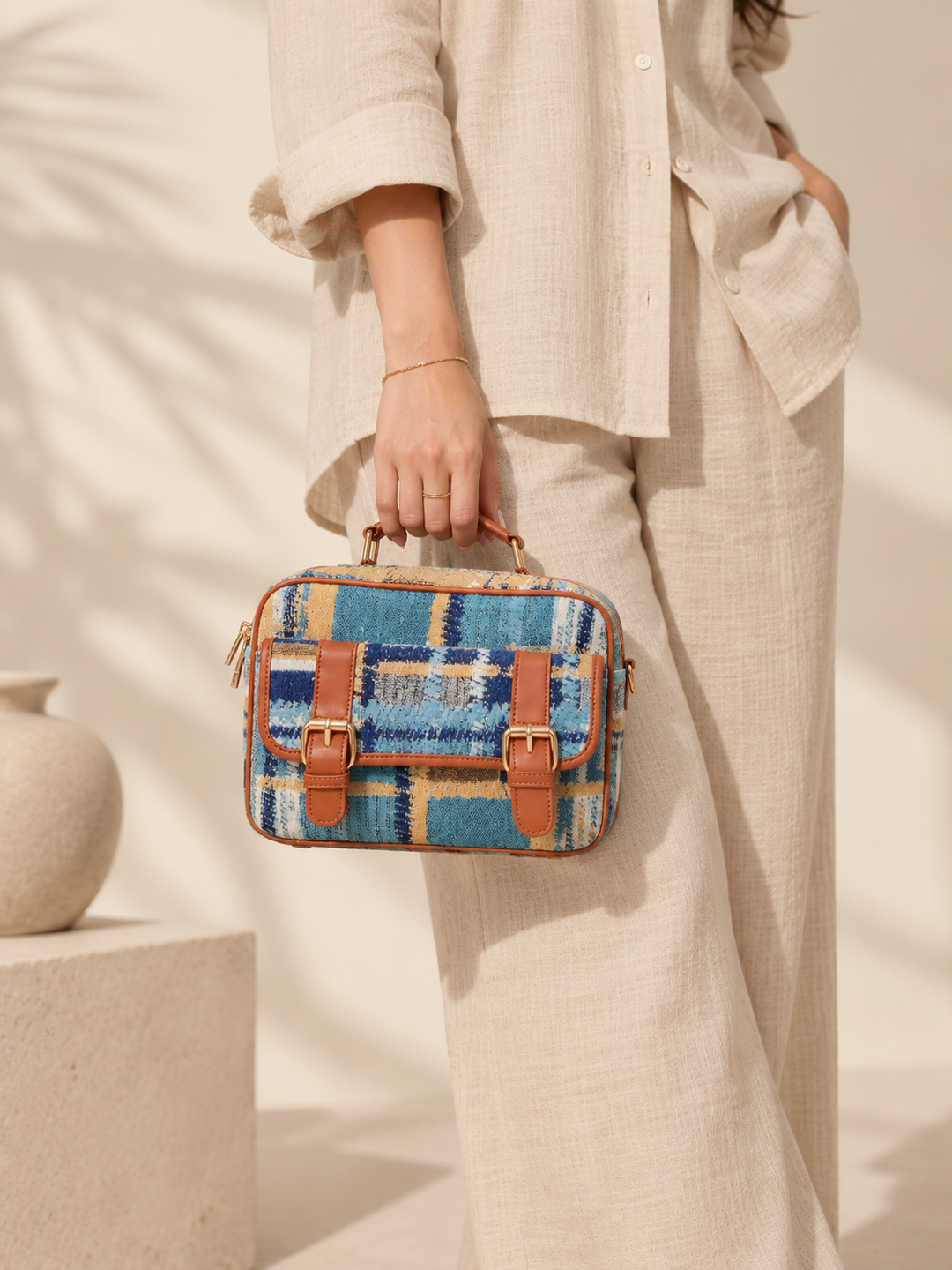 Blue Briefcase Jacquard Hand Bag
