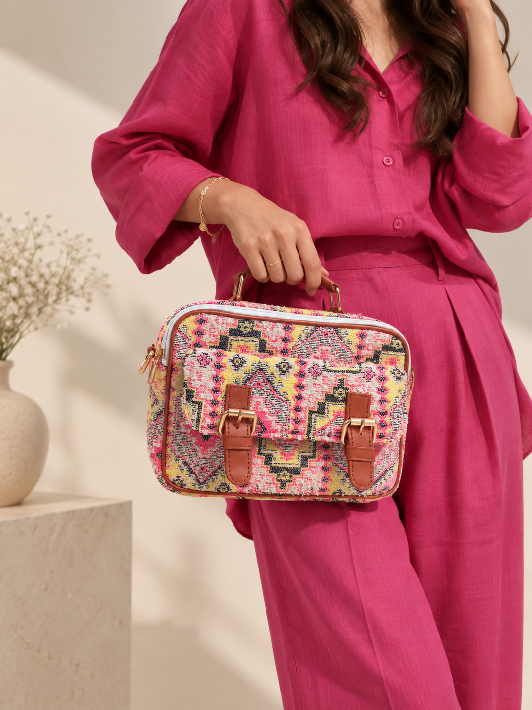 Pink Briefcase Jacquard Hand Bag