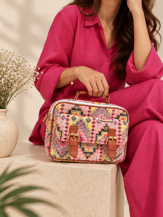 Pink Briefcase Jacquard Hand Bag