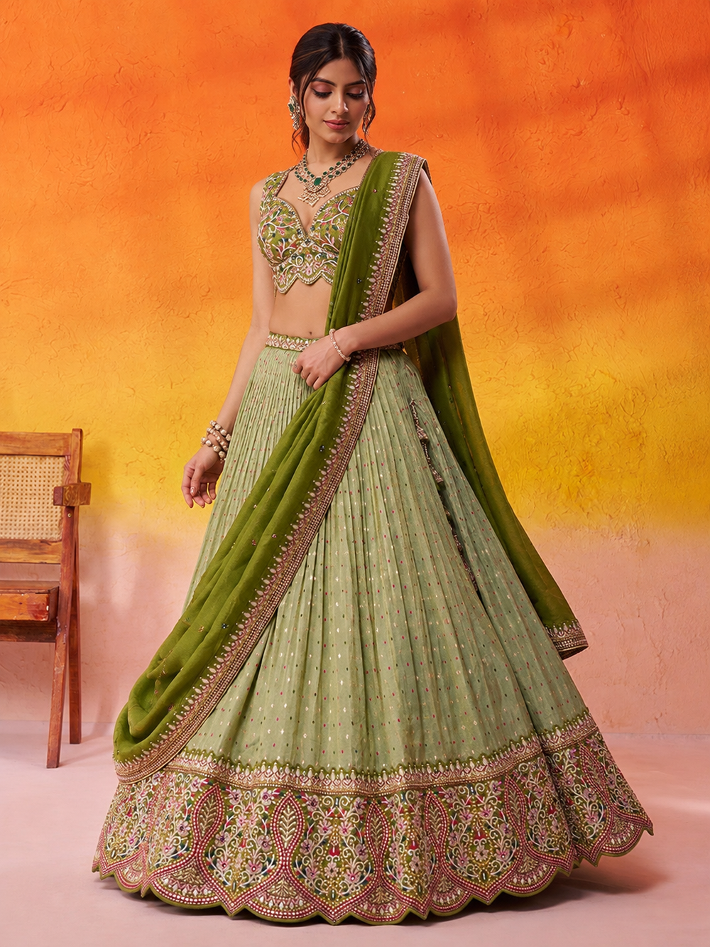 Multicoloured Multi Embroidered Jacquard Tissue Lehenga