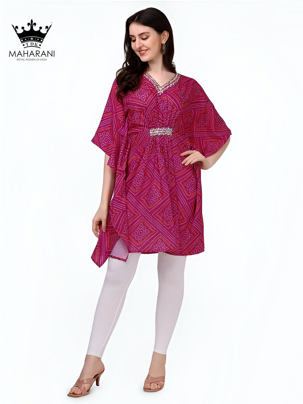 Pink Embroidered Bandhani Style Short Kaftan