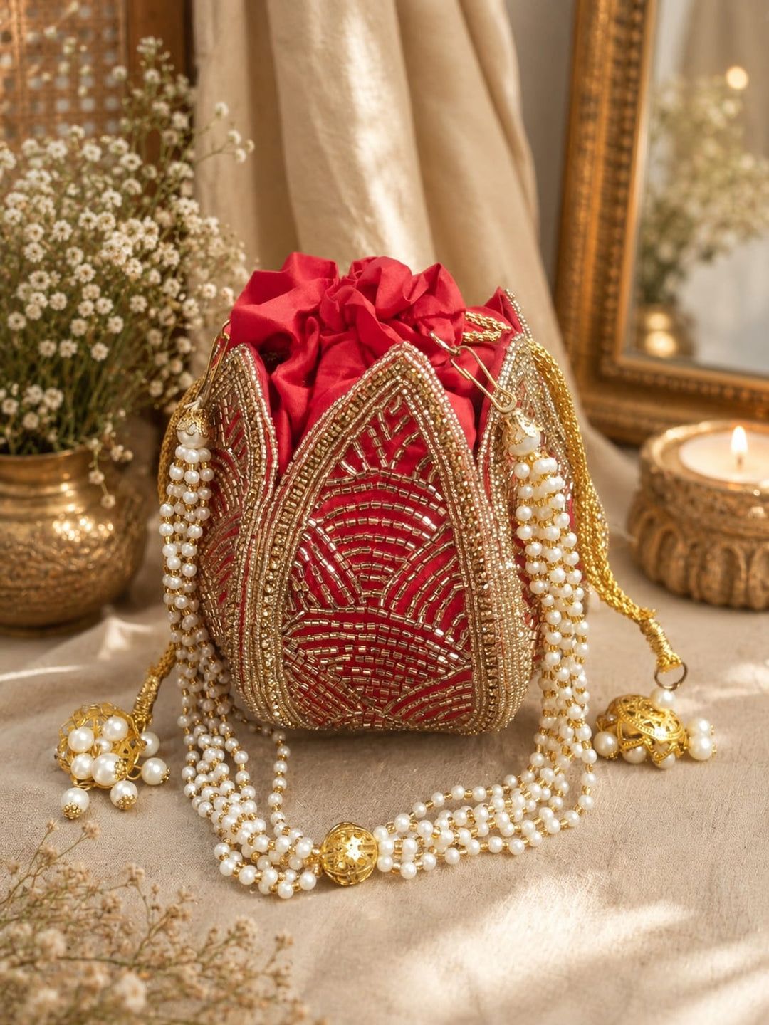Red Embroidery & Pearl Work Potli