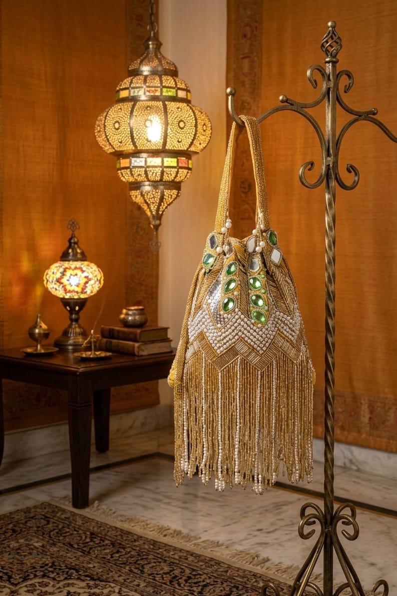 Hand Embroidered With Mirror Work Gold Potli