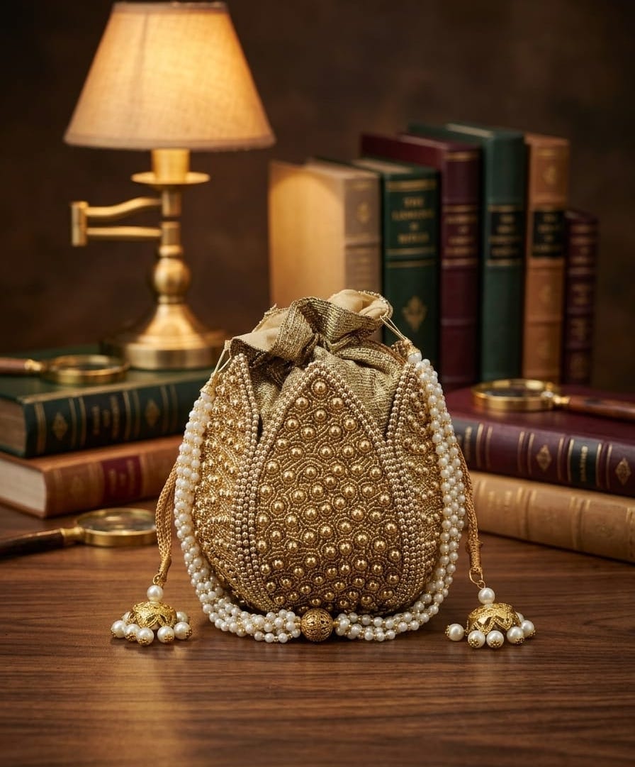 Pearl Embellished Gold Hand Embroidered Lotus Potli