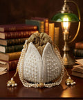 Pearl Embellished White Hand Embroidered Lotus Potli