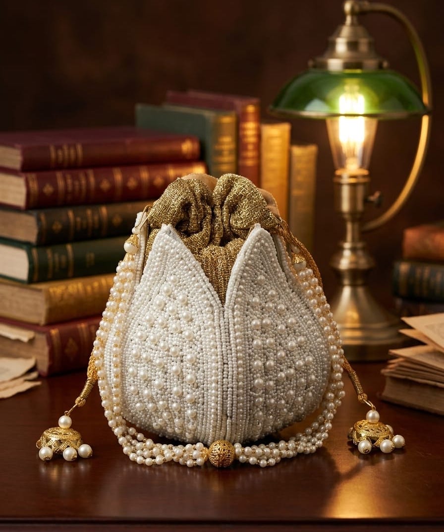 Pearl Embellished White Hand Embroidered Lotus Potli