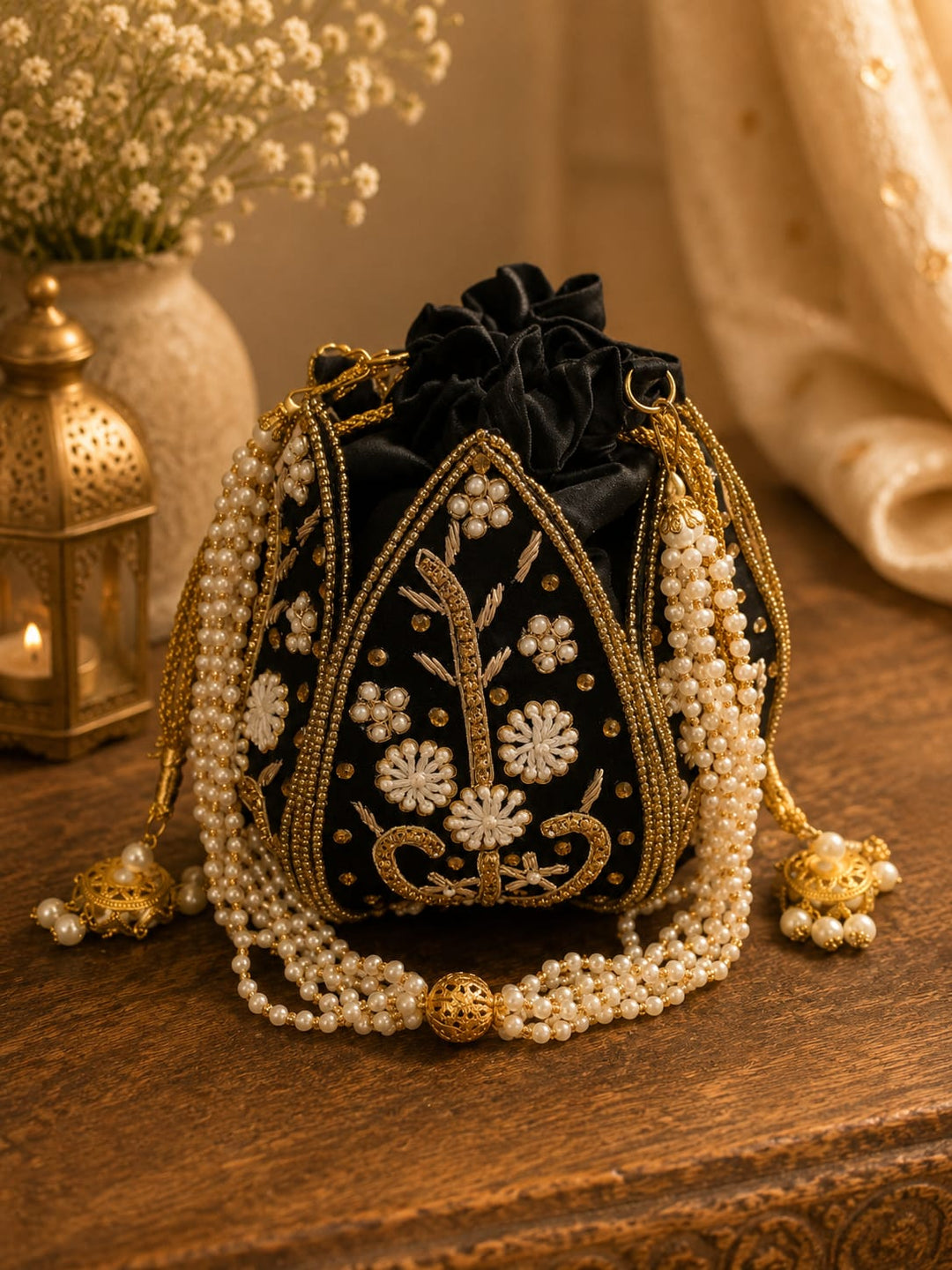 Black Embroidery & Pearl Work Potli