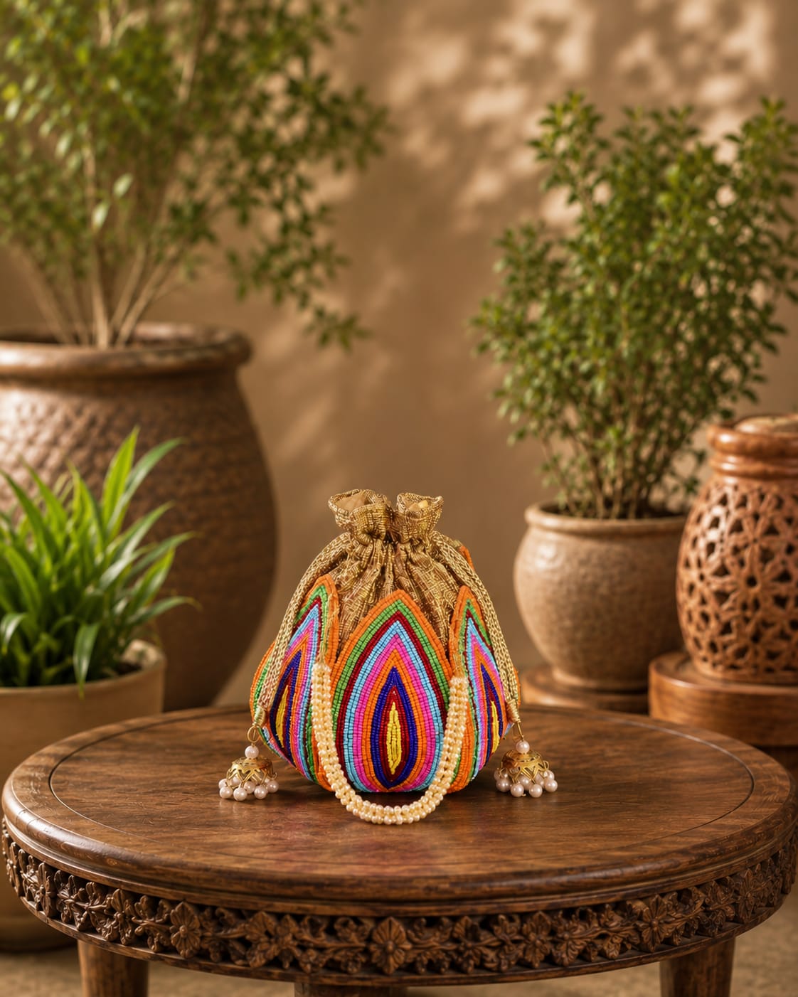 Pearl Embellished Multicoloured Hand Embroidered Lotus Potli