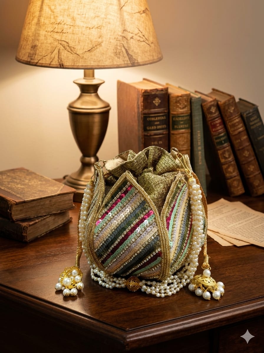 Pearl Embellished Multicoloured Hand Embroidered Potli
