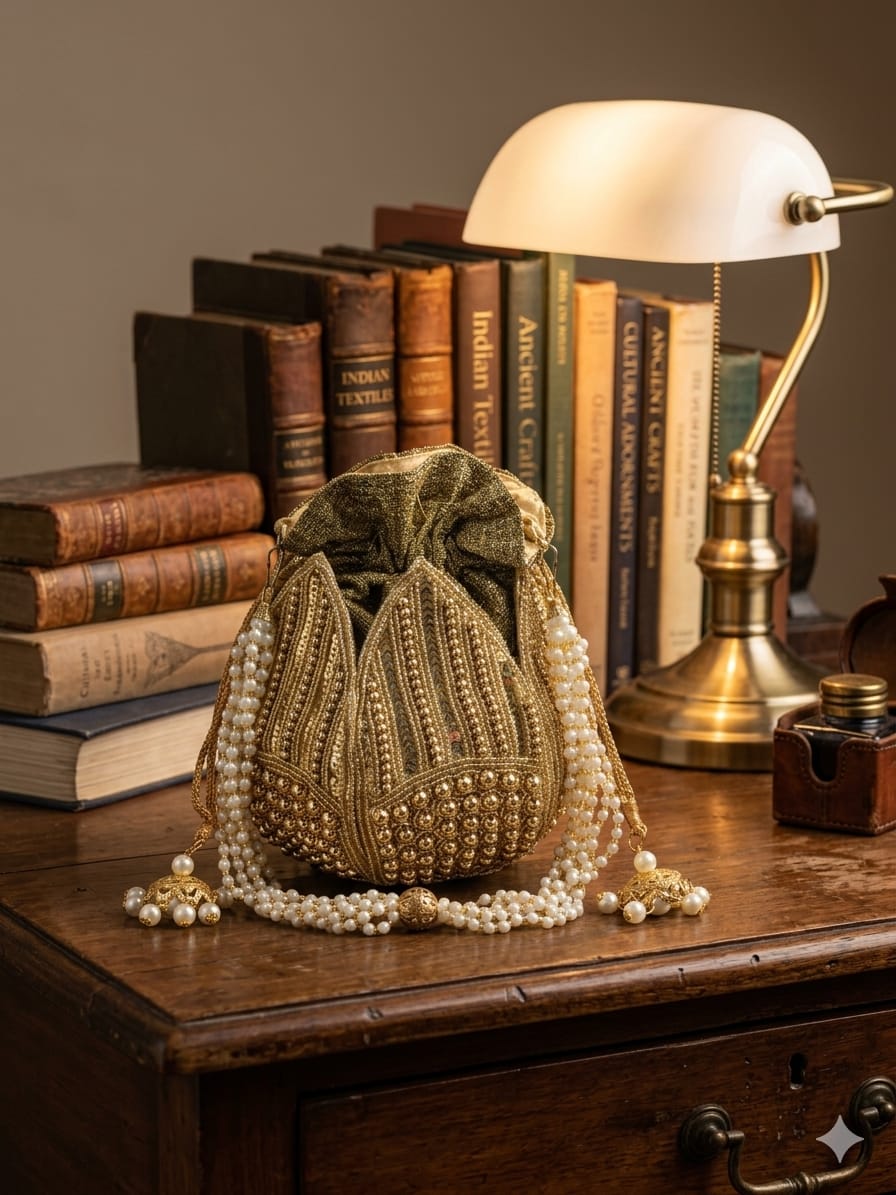 Pearl Embellished Gold Hand Embroidered Potli