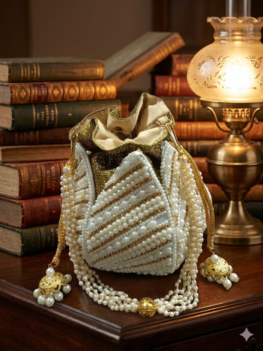 Pearl Embellished White Hand Embroidered Potli