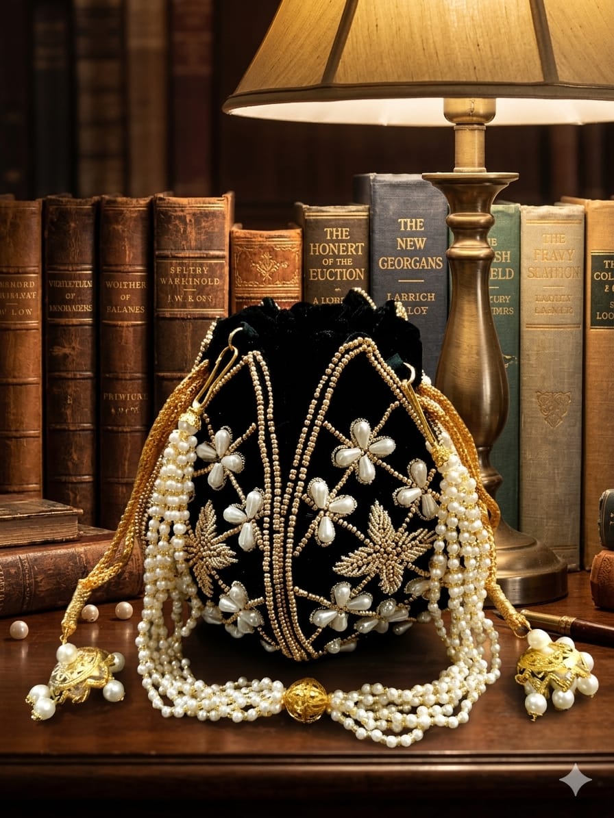 Pearl Embellished Black Hand Embroidered Potli