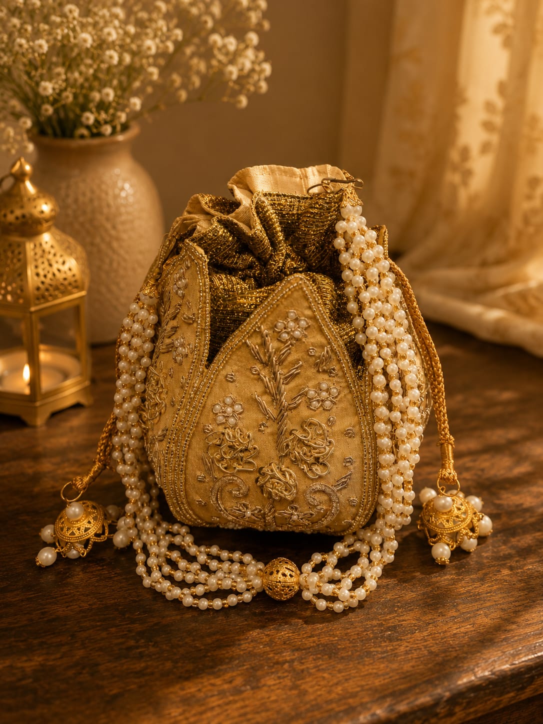 Beige Embroidery & Pearl Work Potli