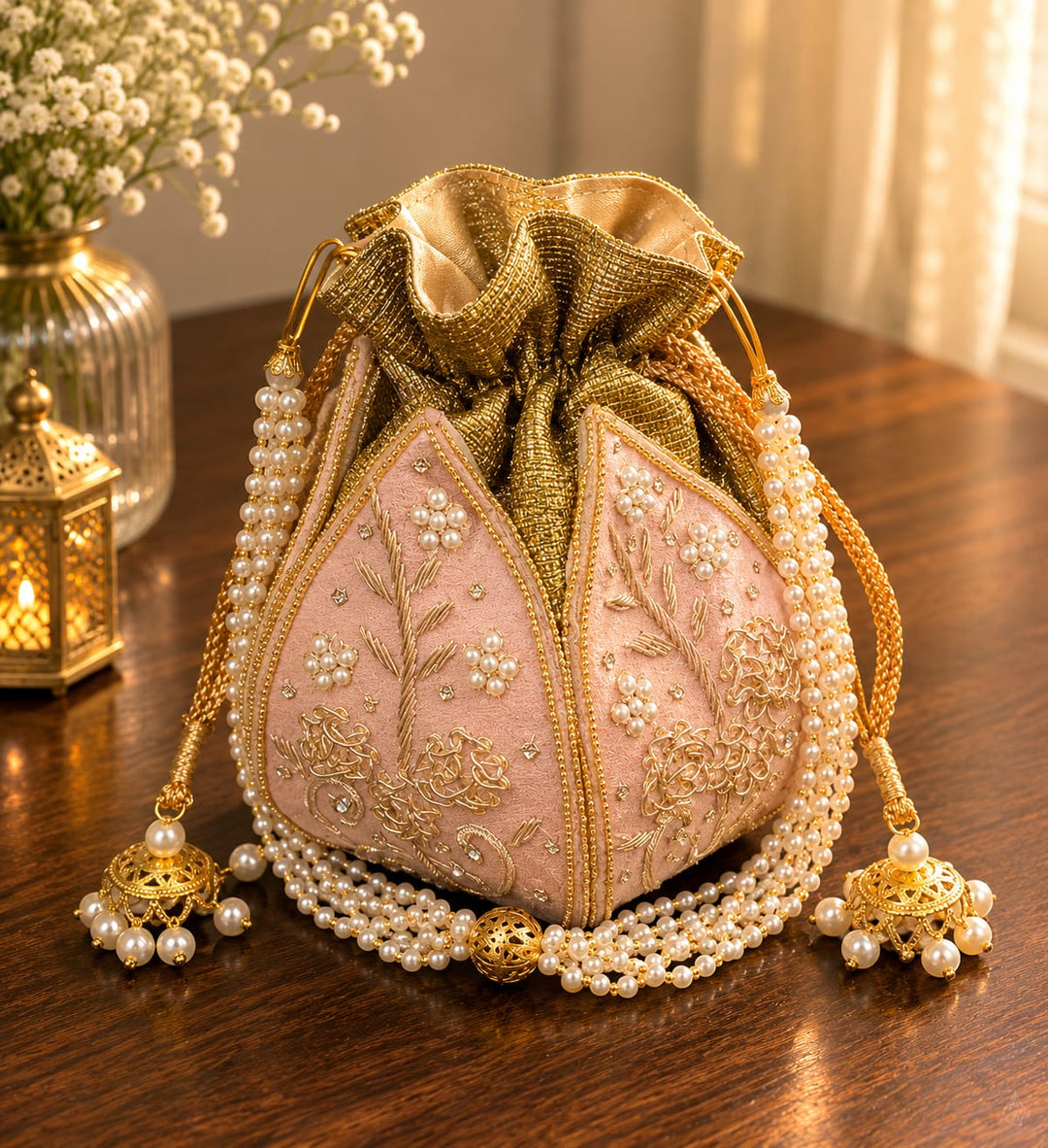 Light Pink Embroidery & Pearl Work Potli
