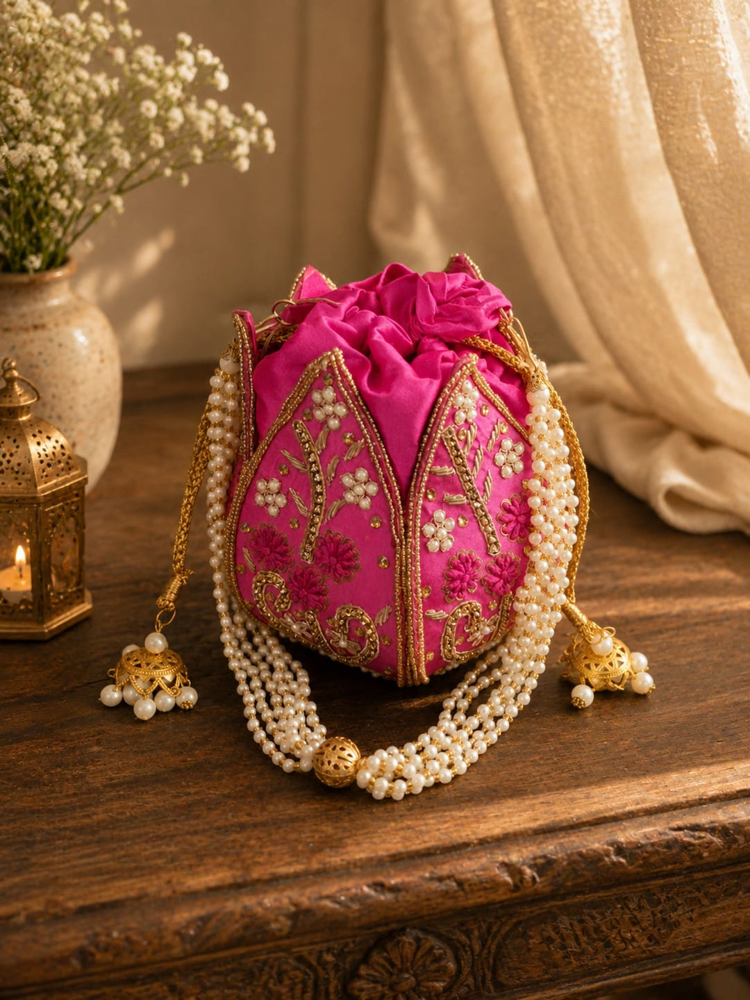 Rani Pink Embroidery & Pearl Work Potli