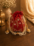 Dark Red Embroidery & Pearl Work Potli