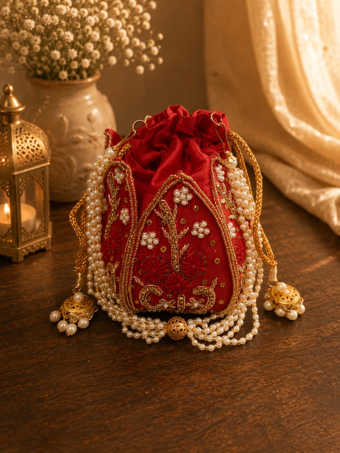 Dark Red Embroidery & Pearl Work Potli