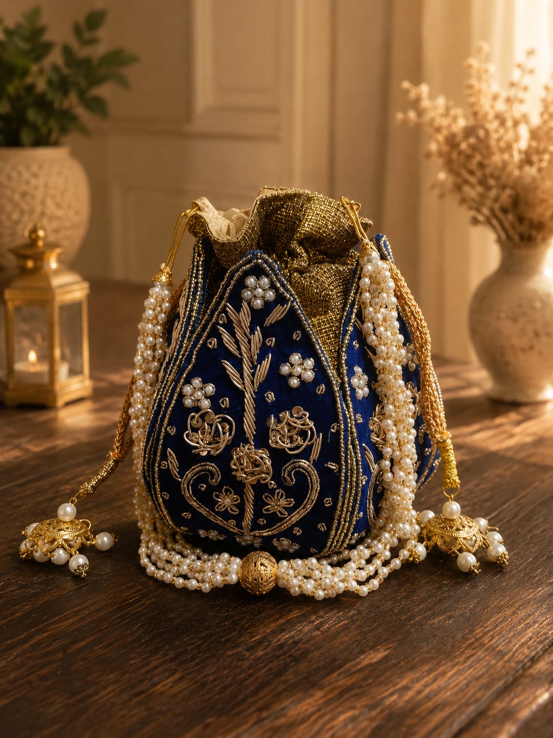 Royal Blue Embroidery & Pearl Work Potli