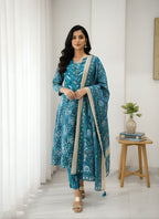 Floral Blue Printed Anarkali Suit Set