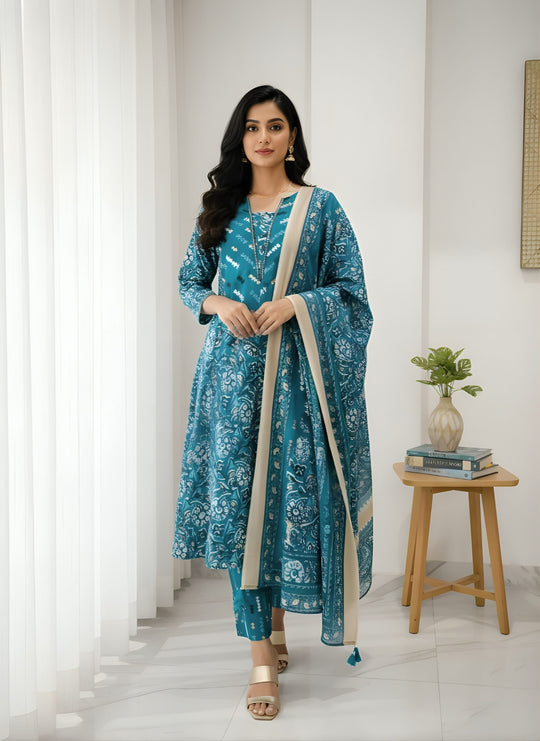 Floral Blue Printed Anarkali Suit Set