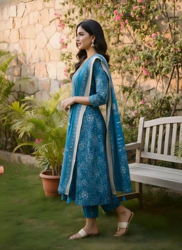 Floral Blue Printed Anarkali Suit Set