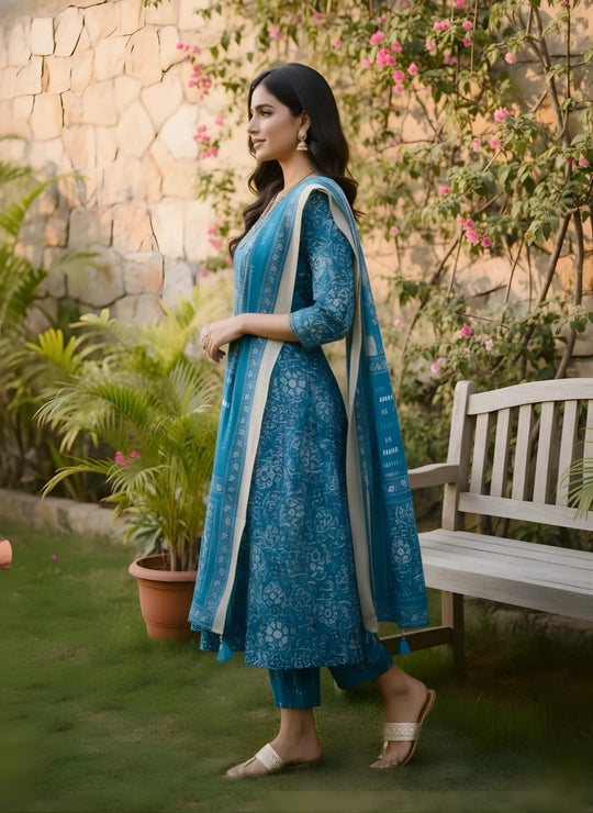 Floral Blue Printed Anarkali Suit Set