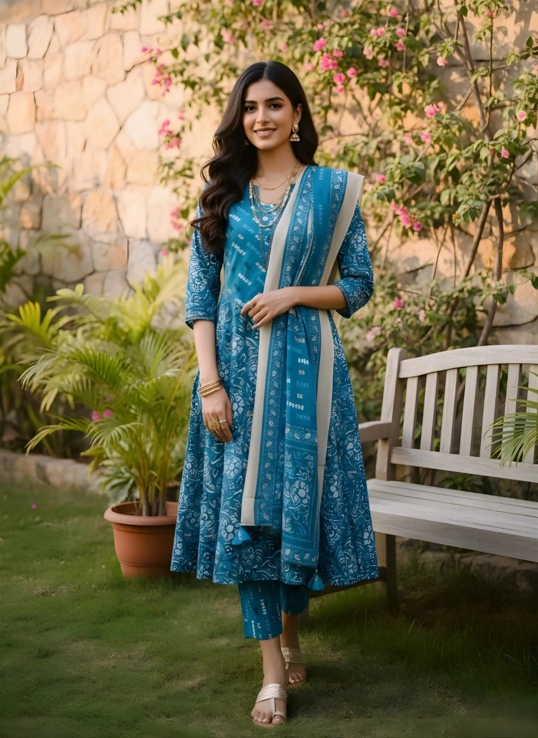 Floral Blue Printed Anarkali Suit Set