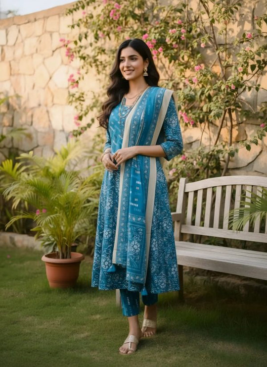 Floral Blue Printed Anarkali Suit Set