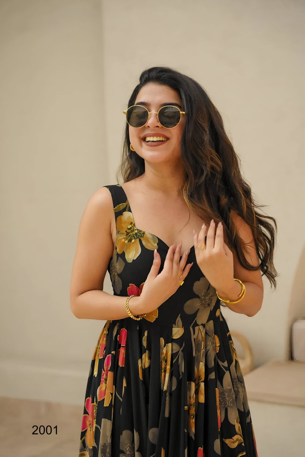 Black Floral Digital Printed Flared Rayon Long Dress