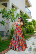 Red Multicoloured Floral Printed Flared Rayon Long Dress