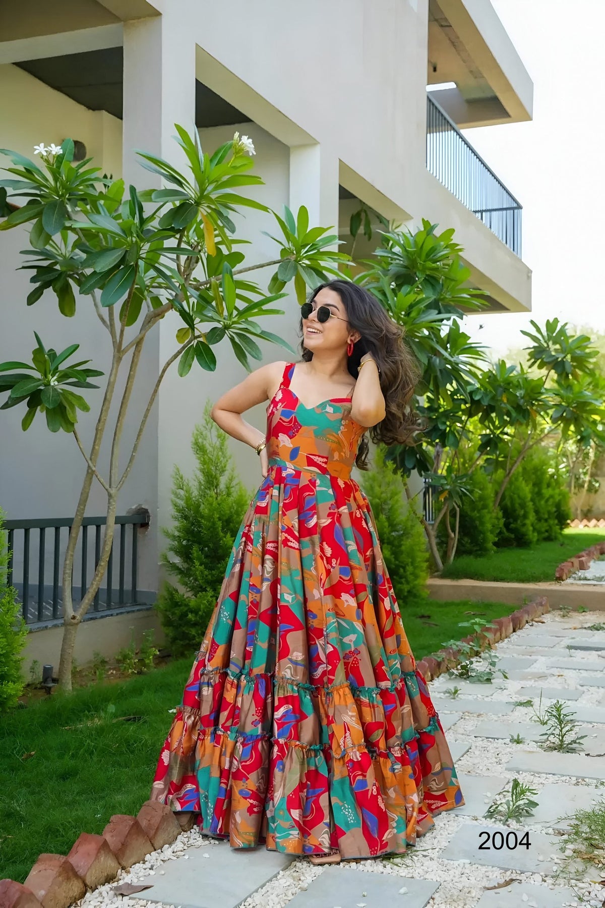 Red Multicoloured Floral Printed Flared Rayon Long Dress