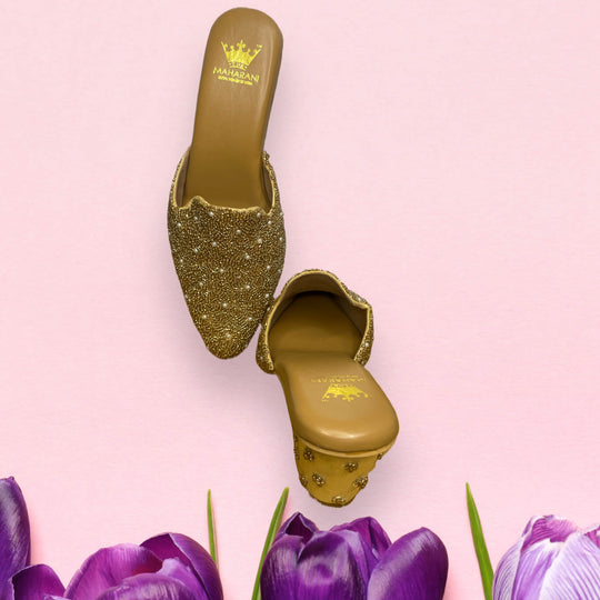 Gold Embroidered Back Open Mule Heels