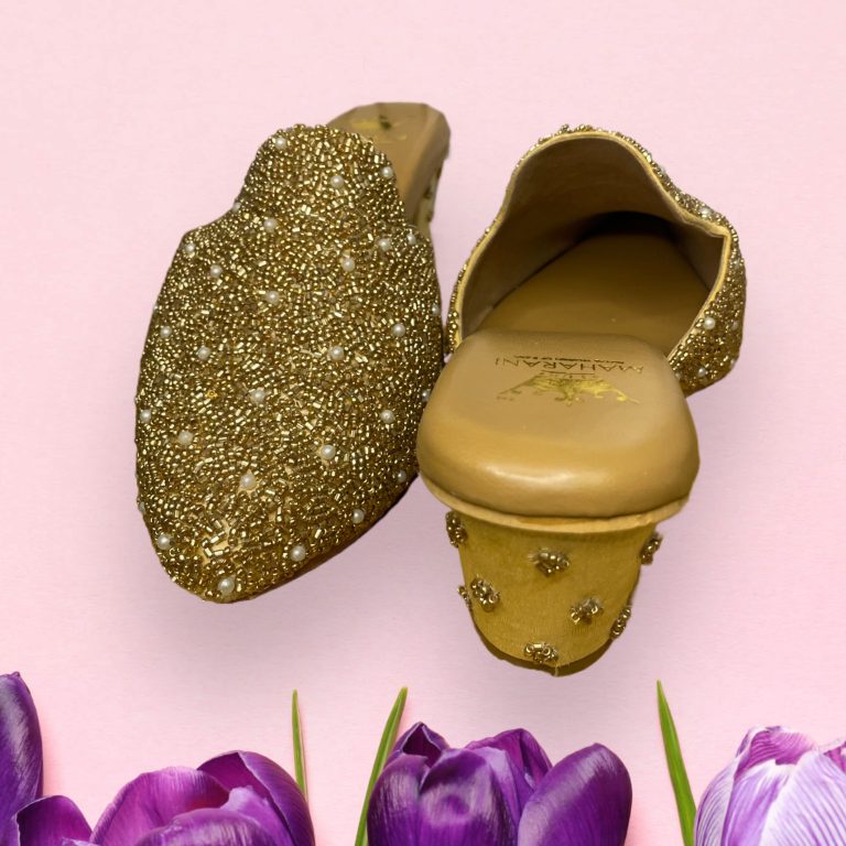 Gold Embroidered Back Open Mule Heels