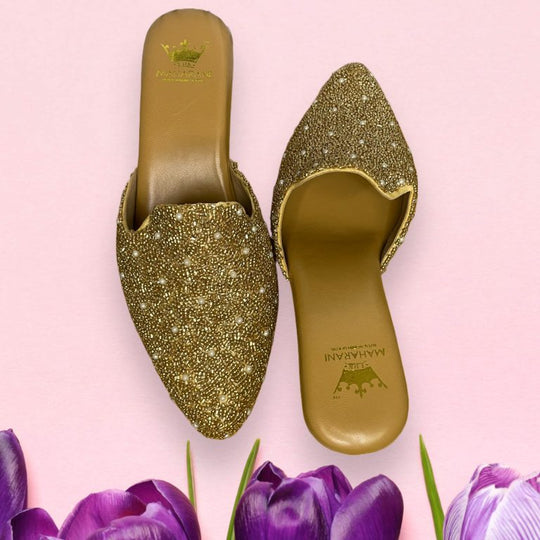 Gold Embroidered Back Open Mule Heels