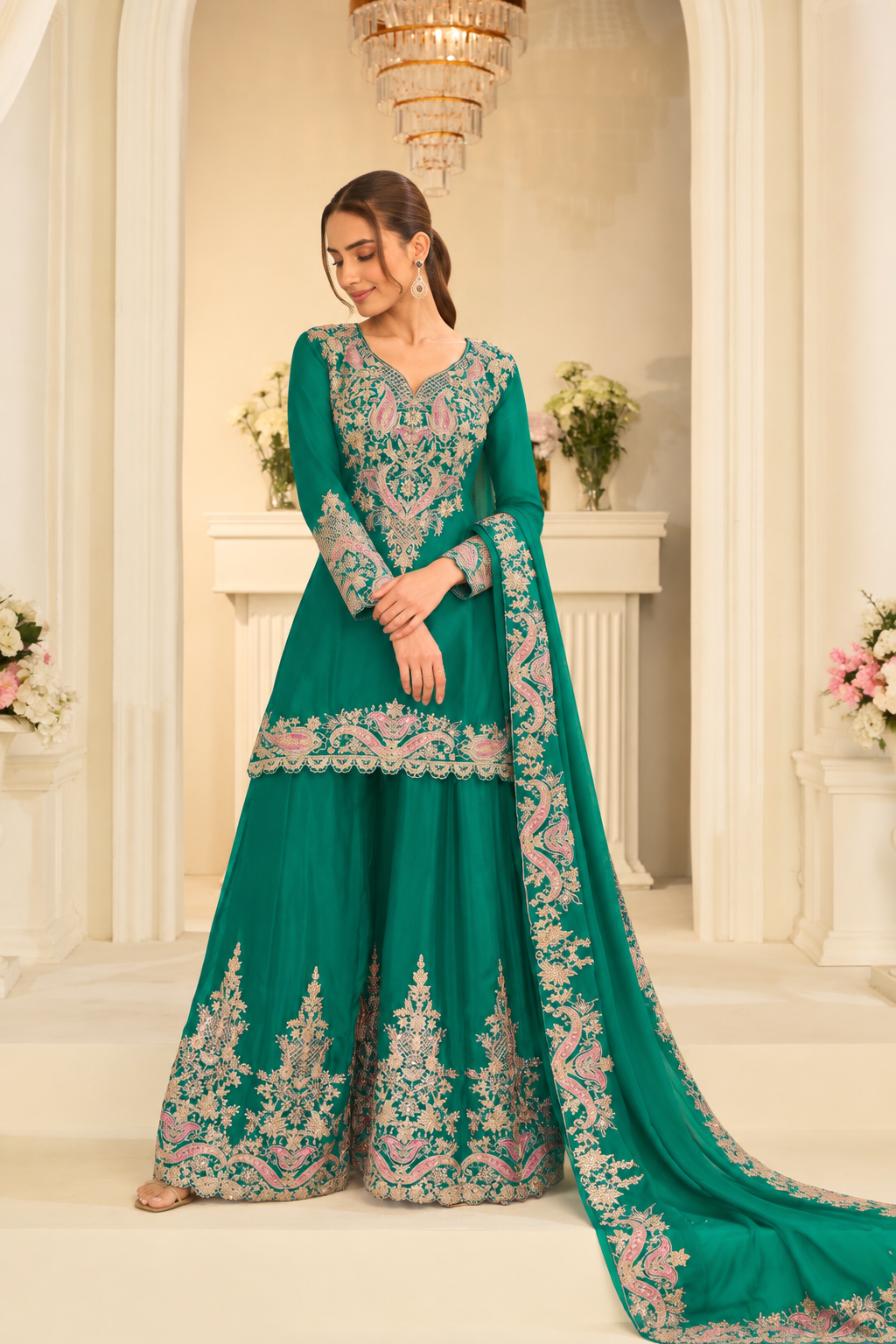 Green Heavy Multi Embroidery Palazzo Set