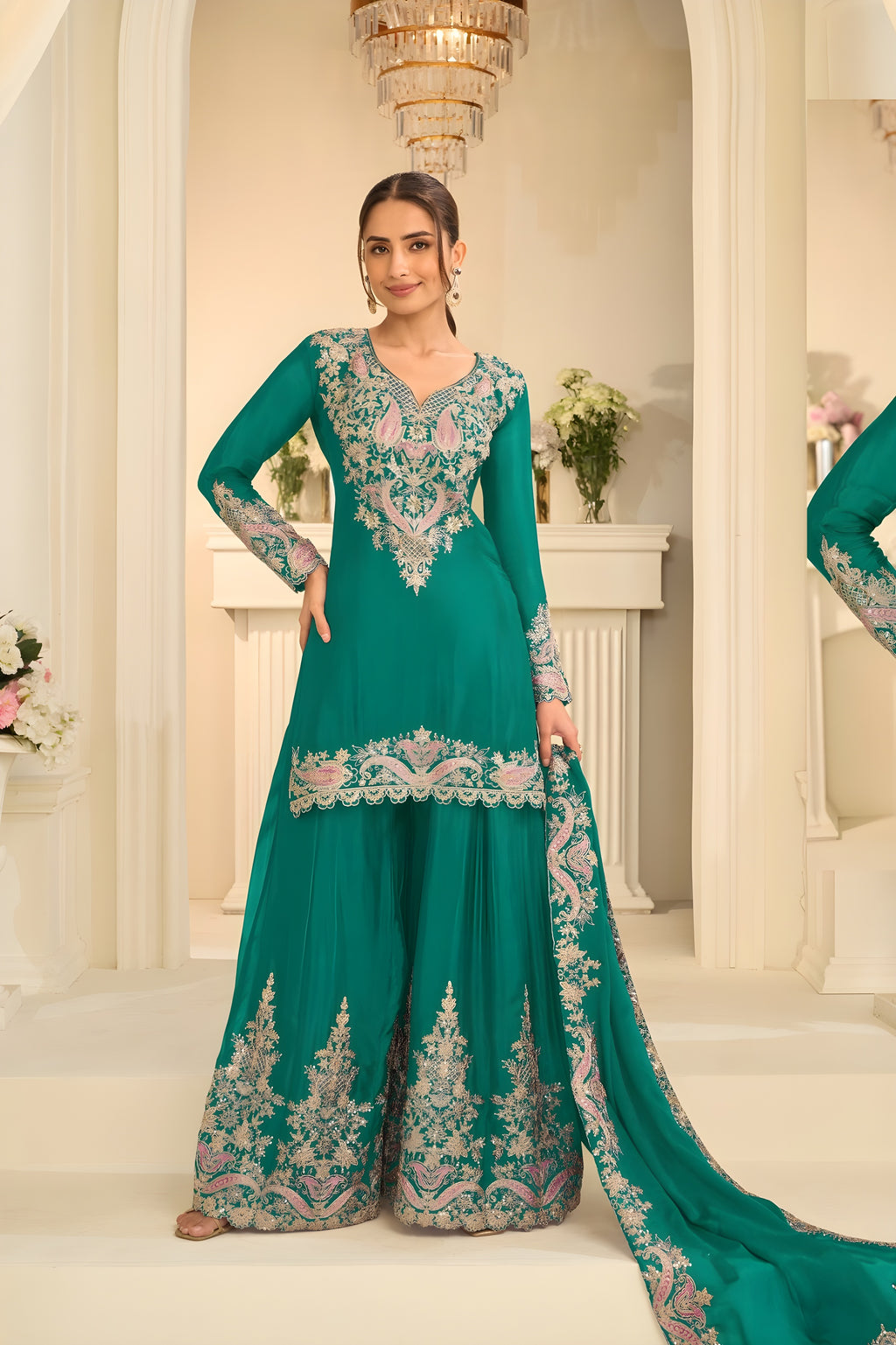 Green Heavy Multi Embroidery Palazzo Set