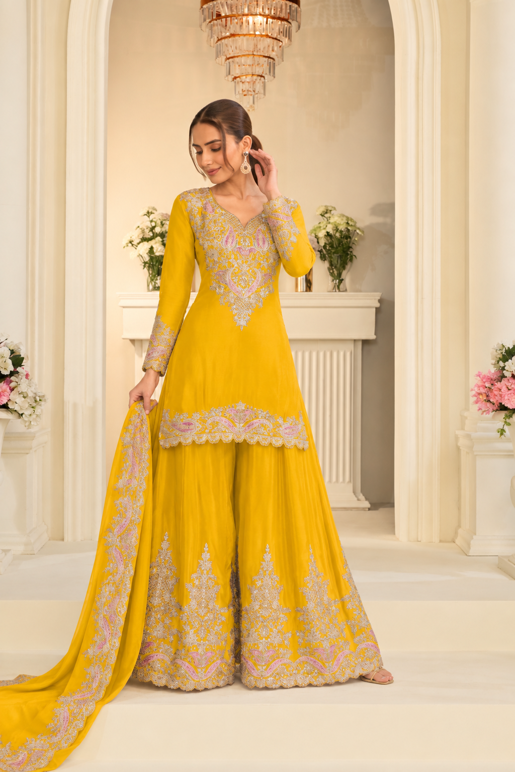 Yellow Heavy Multi Embroidery Palazzo Set