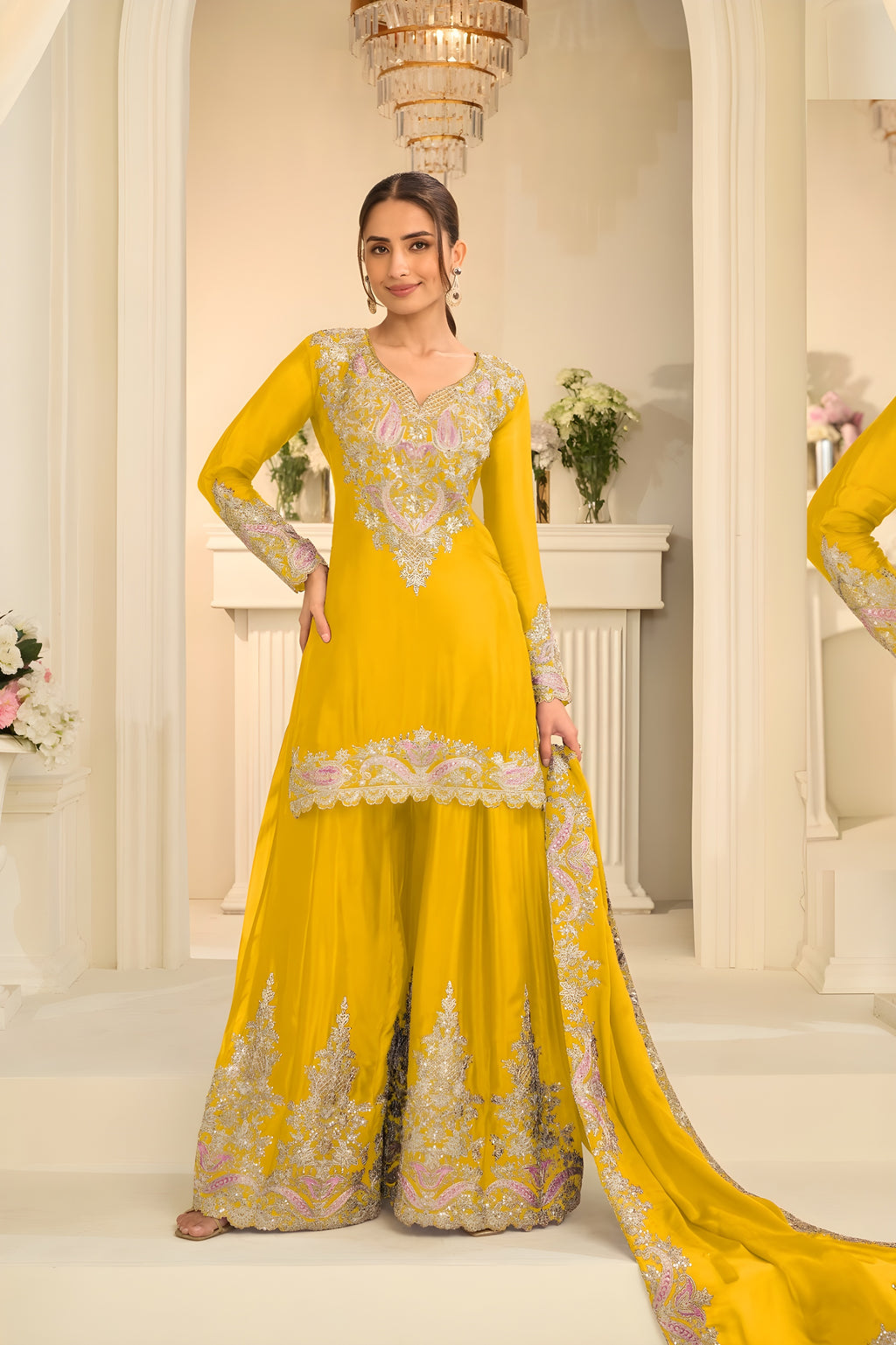 Yellow Heavy Multi Embroidery Palazzo Set
