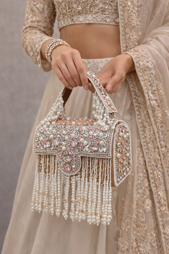 Light Brown Hand Embroidered With Pearls Clutch